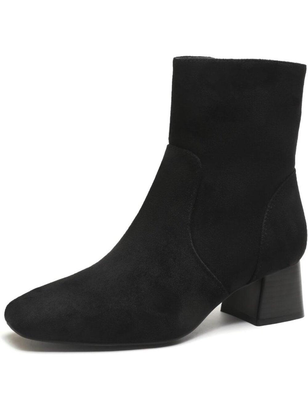 Women's Black Suede Chunky Block Low Heel Square Toe Side Zipper Ankle Booties